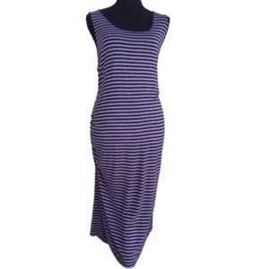 Liz Lange Cute Purple and Navy Striped Tank Midi Ruched Sides Scoop Neck Dress
